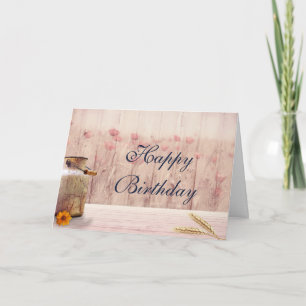Rustik mjölkburk med vete och blommor födelsedag kort