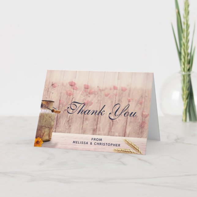 Rustik mjölkburk med vete och blommor tack kort (Framsida)