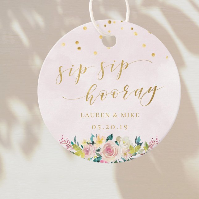 Rustik Mjuk Rosa Blommig Sip Sip Hooray Bröllop Gåvor Etiketter (Skapare uppladdad)