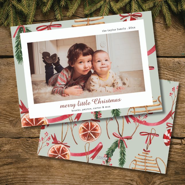 rustik modern akvarell jul foto  julkort (rustic modern watercolor red bow evergreen personalized Christmas holiday photo cards )