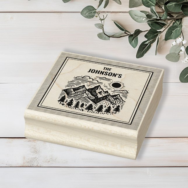 Rustik Modern Berg Anpassad Stämpel (Modern Rustic Mountains Custom Family Name Rubber Stamp)