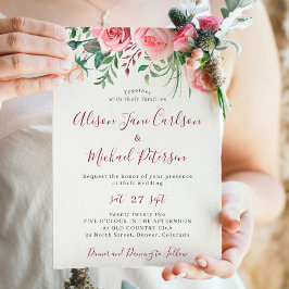 Rustik, modern blommigt vattenfärgsburgundi bröllo inbjudningar