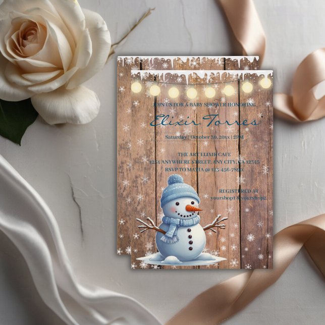Rustik Modern Elegant Blue Snögubbe Baby Shower Inbjudningar (Skapare uppladdad)