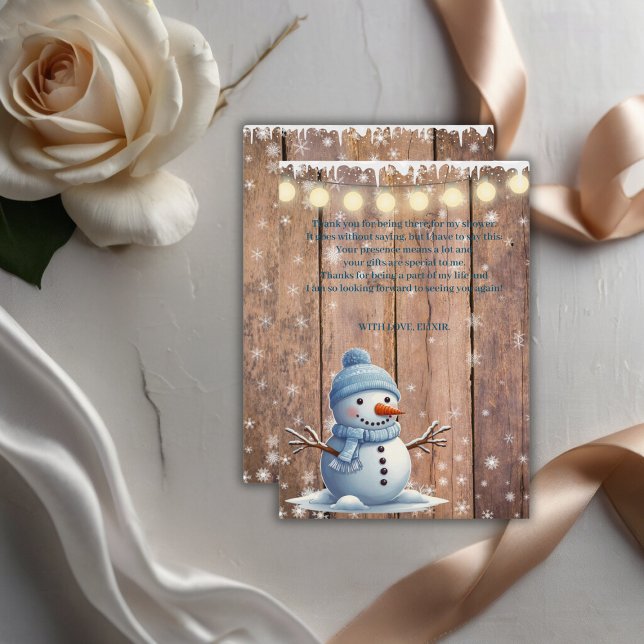 Rustik Modern Elegant Blue Snögubbe Baby Shower Tack Kort (Skapare uppladdad)