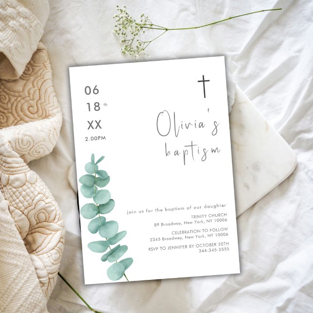 Rustik Modern Greenery Eucalyptus Kor Baptism Inbjudningar (Rustic Modern Greenery Eucalyptus Cross Baptism Invitation)
