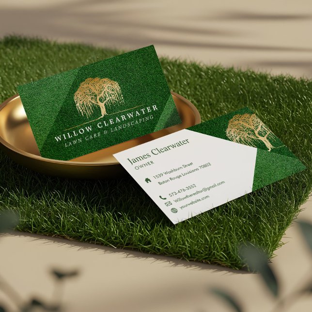 Rustik Modern Grön & Guld Pilträd Landskapsarkitek Visitkort (Rustic Modern Green & Gold Willow Tree Landscaping Business Card)