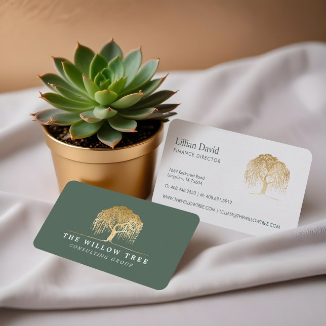 Rustik Modern Grönt & Guld Willow Träd Logotyp Visitkort (Rustic Modern Green & Gold Willow Tree Logo Business Card)