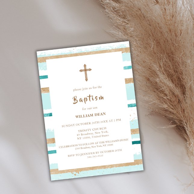 Rustik Modern Guld Rand Kor Boy Baptism i Inbjudningar (Rustic Modern Gold Stripe Cross Boy Baptism Invitation)