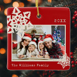 Rustik Modern Photo DIY Snowflake Family Namn Julgransprydnad Keramik<br><div class="desc">Färsk fotoornament med snöflingor och namn och år i din egen anpassningsbar. På baksidan finns en annan Krafty papercut-snöflake på helgdag Red.</div>