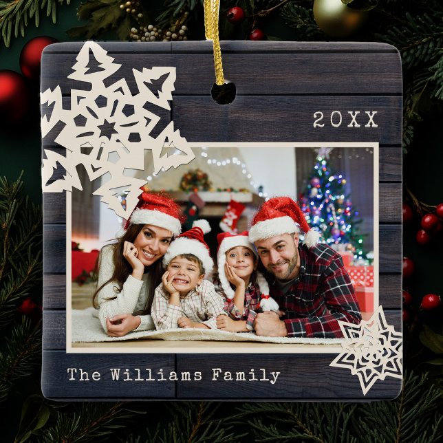 Rustik Modern Photo DIY Snowflake Family Namn Wood Julgransprydnad Keramik (Skapare uppladdad)