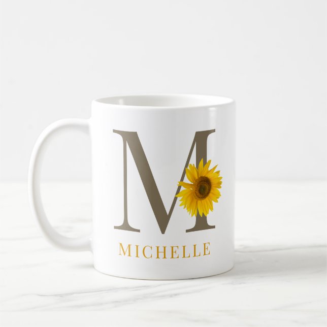 Rustik Modern Redigerbar Solros Monogram Namn Kaffemugg (Vänster)