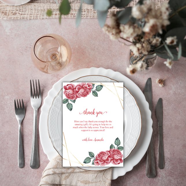 Rustik Modern Ros Blommig Hjärtformad Baby Shower  Tack Kort (Rustic Modern Rose Floral Sweetheart Baby Shower Thank You Card)