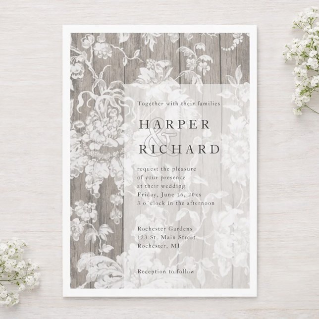 Rustik modern trähustruinvitation med blommor inbjudningar (Vintage floral on weathered rustic wood wedding invitation.)
