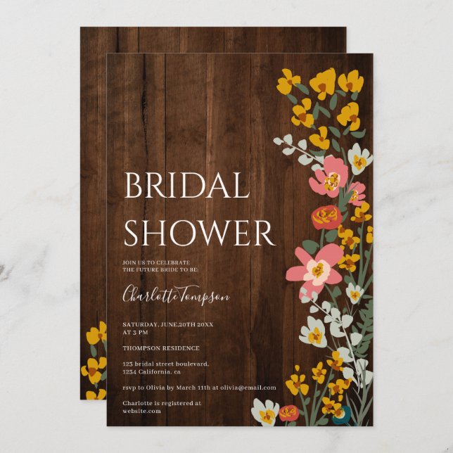 Rustik möhippa för träfalla, blommor inbjudningar (Fram/baksida)