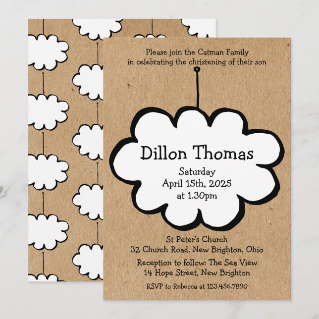 Rustik moln på ett snöre dop/dopning inbjudningar (Fram/baksida)