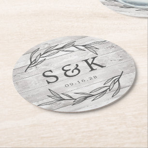 Rustik Monogram Bryllop med Lagerblad Underlägg Papper Rund