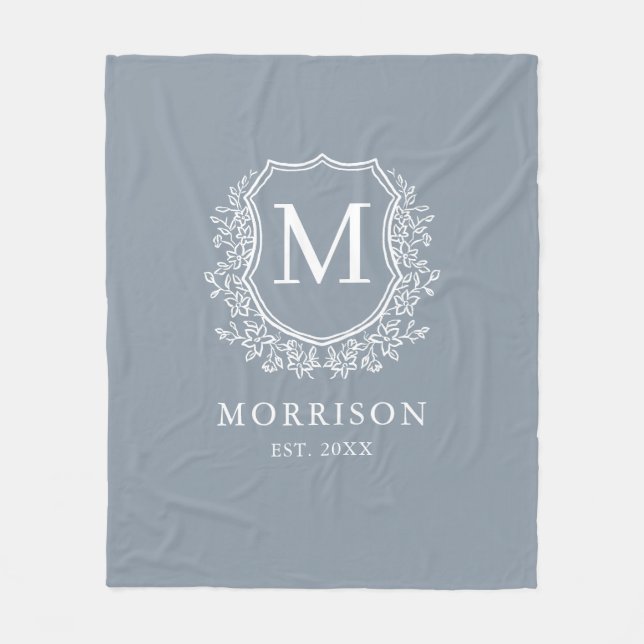Rustik Monogram Dammt Blå Vapen Nyingift Bröllop Fleecefilt (Framsidan)