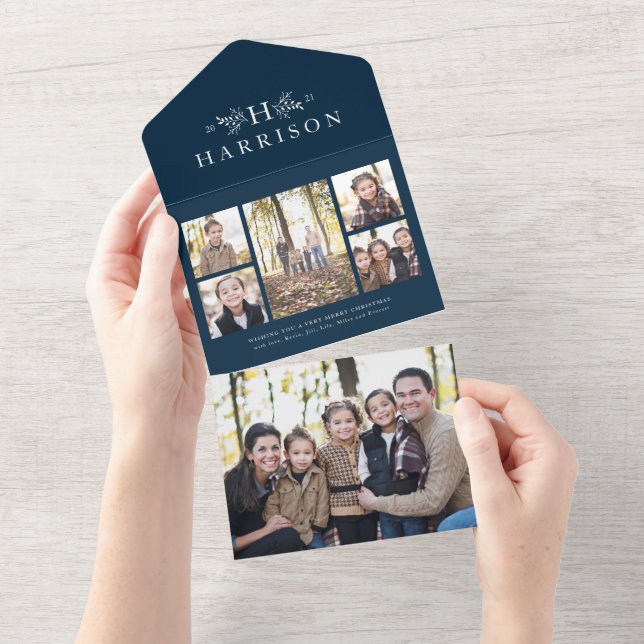 Rustik monogram fotokollage trifold navy helgdag (Avrivbar del)