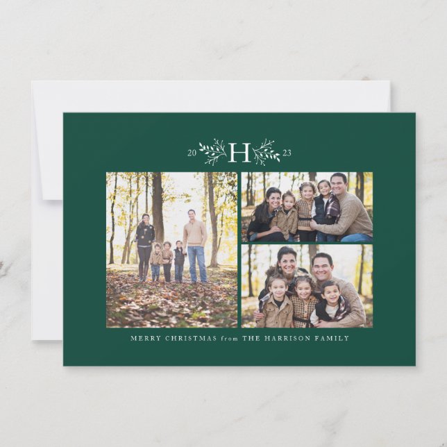 Rustik monogram grönt med tre fotokort för helgdag julkort (Framsida)