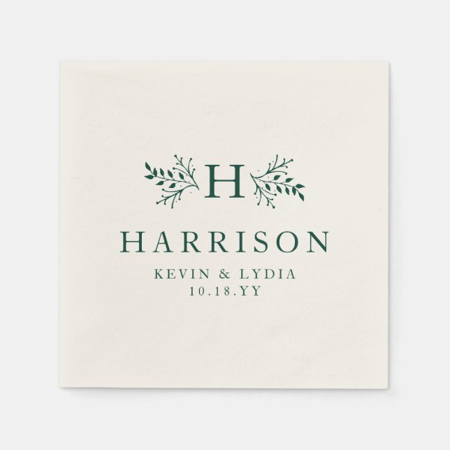 Rustik monogram mörk grönt personlig bröllop pappersservett (Framsidan)