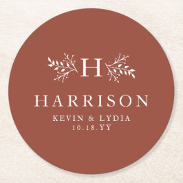 Rustik monogram terracotta Rust fall bröllop Underlägg Papper Rund