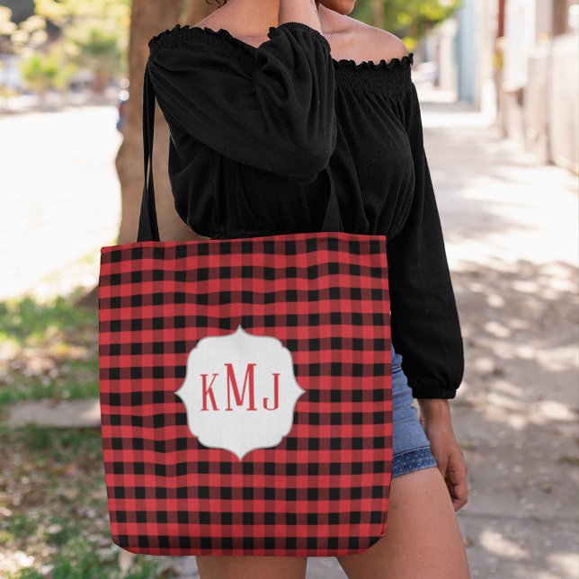 Rustik monogrambuffelmönster specialdesign tygkasse (Red and black tote bag with monogram. )