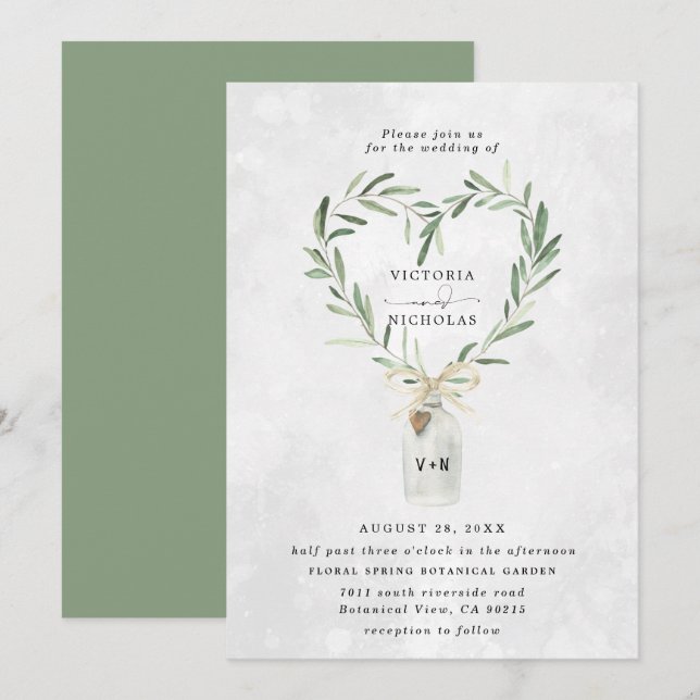 Rustik monogramkruka | Heart Greenery Bröllop Inbjudningar (Fram/baksida)