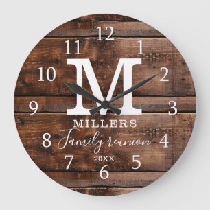 Rustik Mörk Brown Wood Family Reunion Monogrammad Stor Klocka