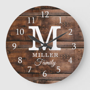 Rustik Mörk Brown Wood Monogrammed Family Namn Stor Klocka