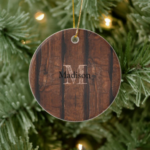 Rustik mörk brun gammal trä Monogram Julgransprydnad Keramik