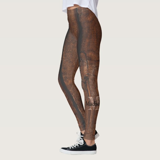 Rustik mörk brun gammal trä Monogram Leggings (Vänster)