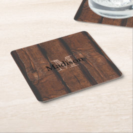 Rustik mörk brun gammal trä Monogram Underlägg Papper Kvadrat