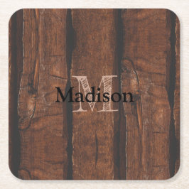 Rustik mörk brun gammal trä Monogram Underlägg Papper Kvadrat