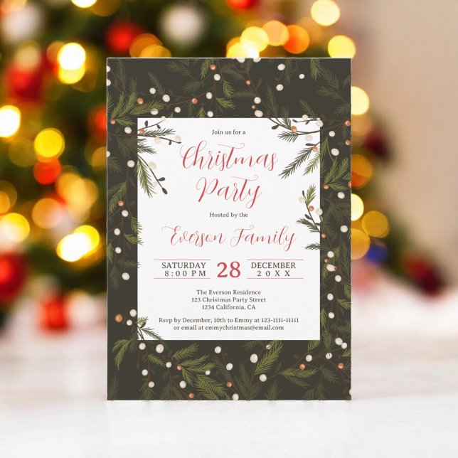 Rustik mörk Gräs Grenar Elegant jul Party Inbjudningar (Rustic dark Pine Branches Elegant Christmas Party Invitation)
