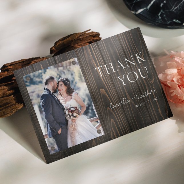 Rustik Mörk Trä Bröllopsfoto Tack Kort (Personalized Rustic Dark Wood Photo Wedding Thank You Card)