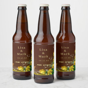 Rustik Mörk Trä Gul Blommig Fjäril Bröllop Ölflaska Etikett