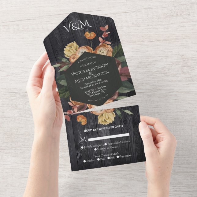 Rustik Mörk Trä Höst Blommig Bröllop (Avrivbar del)