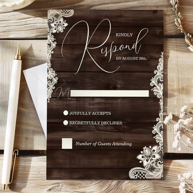 Rustik mörk trä och spets bröllopssvarskort OSA kort (Rustic Dark Wood and Lace Wedding Response Card)