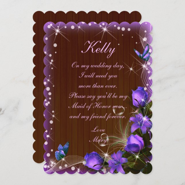 Rustik Mörk Trä Purpur Färg Blommig Brudtärna Inbjudningar (Fram/baksida)