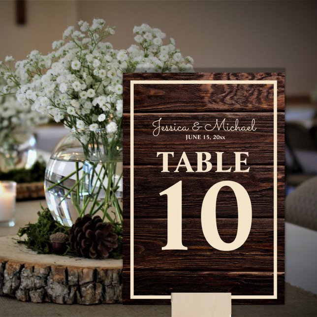 Rustik Mörkbrun Trä Kräm Bröllop Bordsnummer (Rustic wood wedding table number)