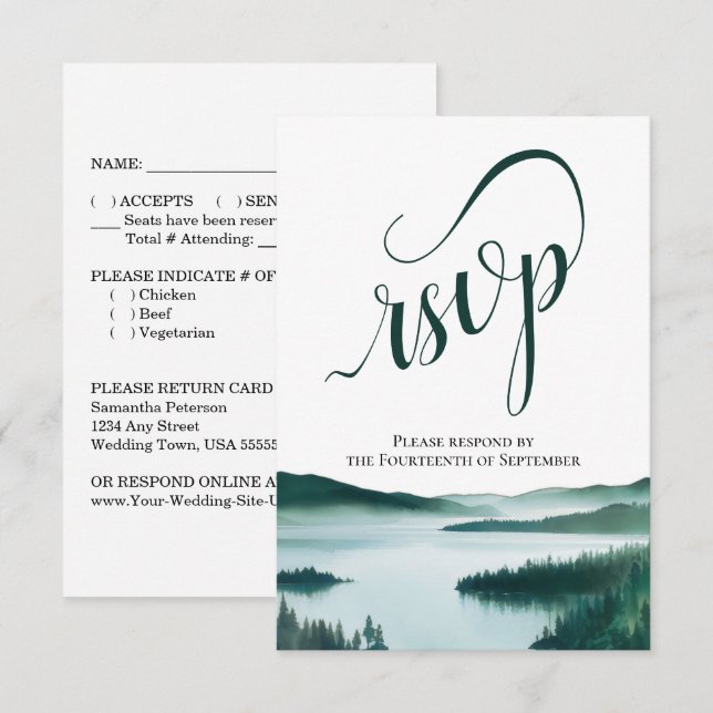 Rustik Mountain Lake Elegant Script Bröllop OSA Kort (Fram/baksida)