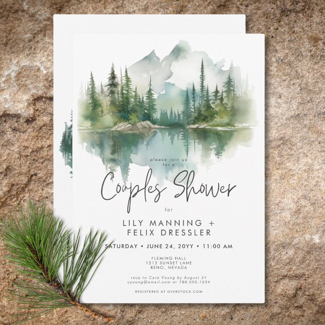 Rustik Mountain Sjö Vattenfärg Par Bröllopsdusch Inbjudningar (Rustic Mountain Lake Watercolor Couples Shower Invitation)
