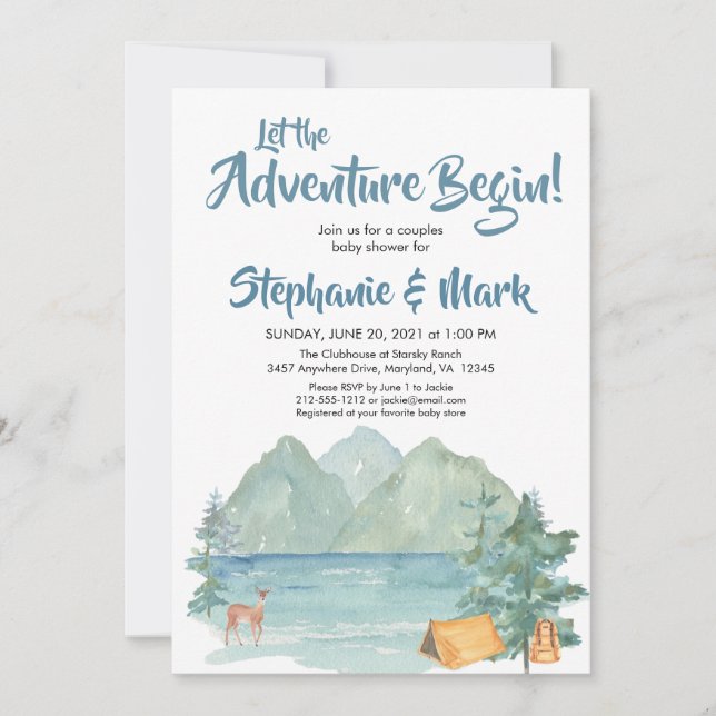 Rustik Mountains Watercolor Äventyr Baby Shower Inbjudningar (Framsida)