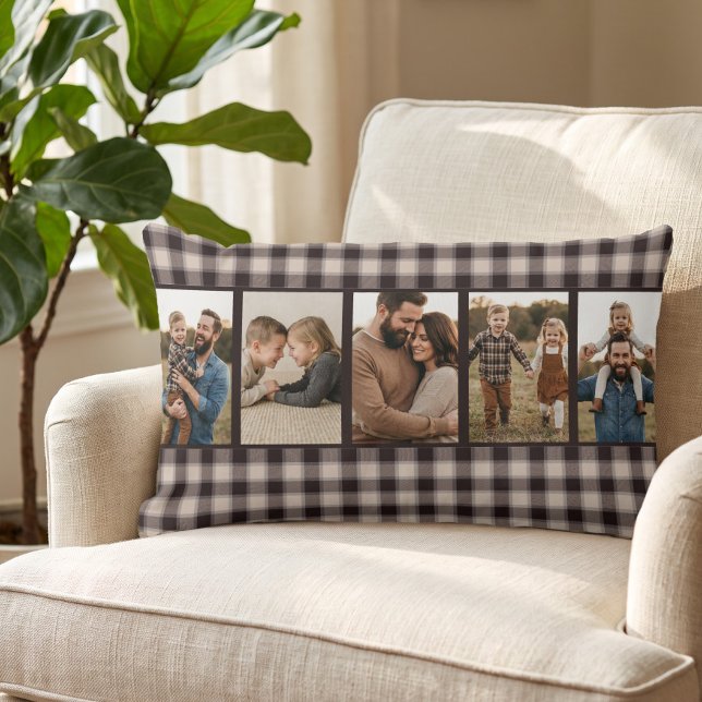 Rustik Mysig Brun Buffalo Rutig Multi Foto Lumbarkudde (Brown buffalo plaid pillow with custom photos - by Darling & May)