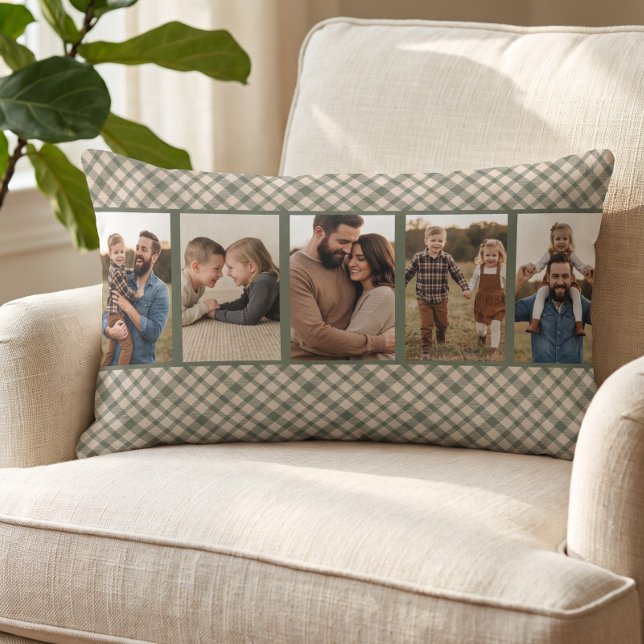 Rustik Mysig Grön Buffalo Rutig Multi Foto Lumbarkudde (Green buffalo plaid pillow with custom photos - by Darling & May)