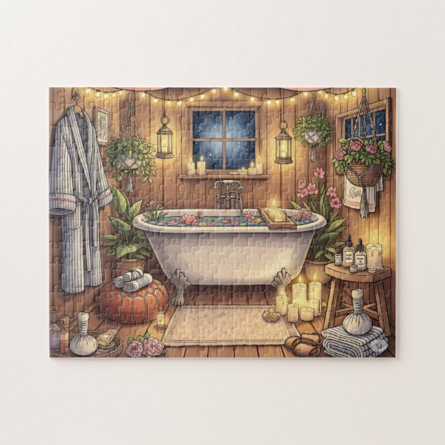Rustik natt spa Mysig badhus ljus och blommor Pussel (Horisontell)