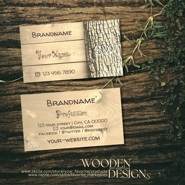 Rustik Natural Wooden Boards Träd Bark Monogram Visitkort (Skapare uppladdad)
