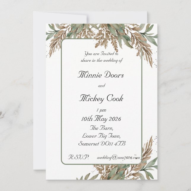 Rustik naturlig stil-grönt och brunblad inbjudningar (Framsida)