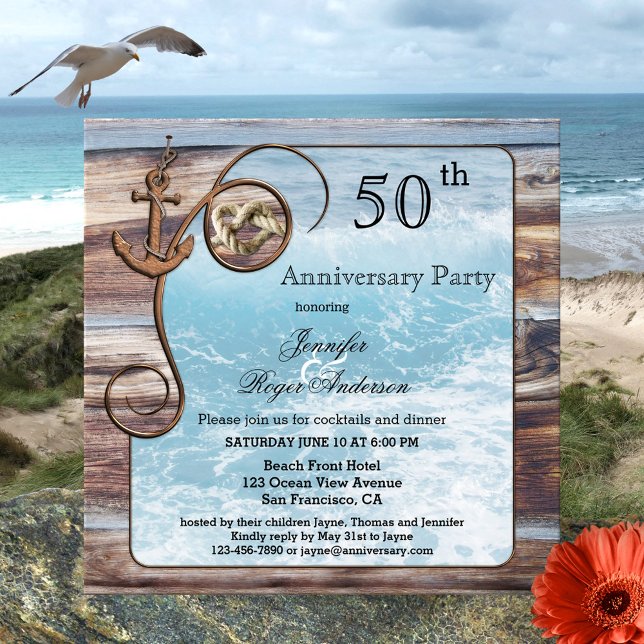 Rustik Nautilus Jubileumsinbjudan Inbjudningar (Wedding anniversary invitation featuring ocean waves framed by rustic wood, an anchor and tied knot)