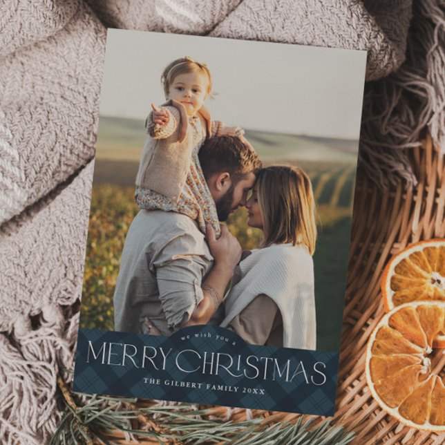Rustik Navy Blå Plaid 2 Foto God Jul Julkort (Rustic navy blue plaid 2 photo Christmas holiday card.)